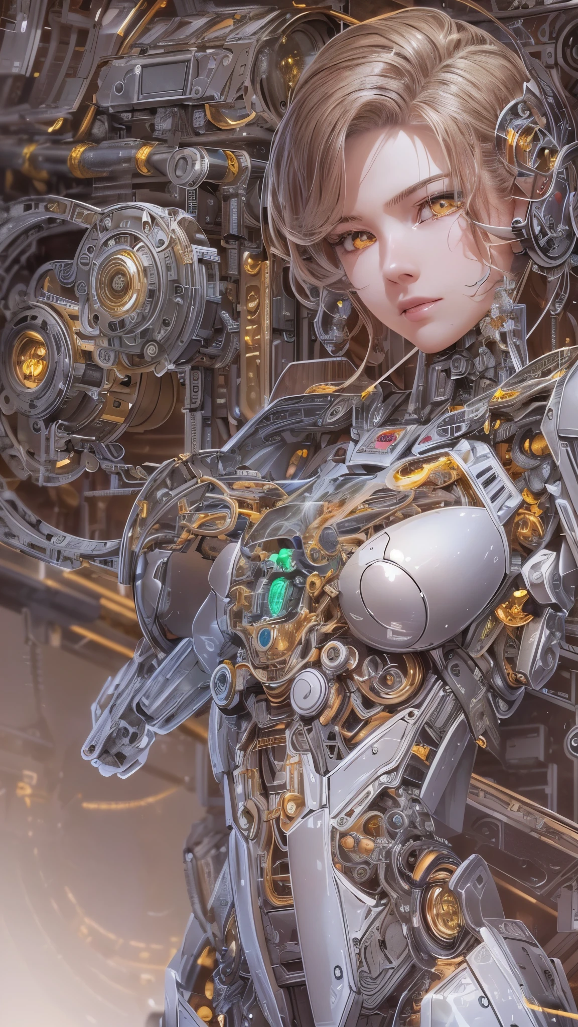 ((Highest quality)),(Ultra-high resolution),(Super detailed),(Detailed Description),((The best CG)),(masterpiece),Highly detailed art,(Sci-fi art with intricate detail:1.5), (Female Android:1.7),(Beautiful face 1.3),(Machine eyes staring into the distance:1.3),(Precision circuitry that emits light is built into the clear parts:1.6),(Polished and well-balanced mechanical body:1.4),(A powerful, shining core:1.6),