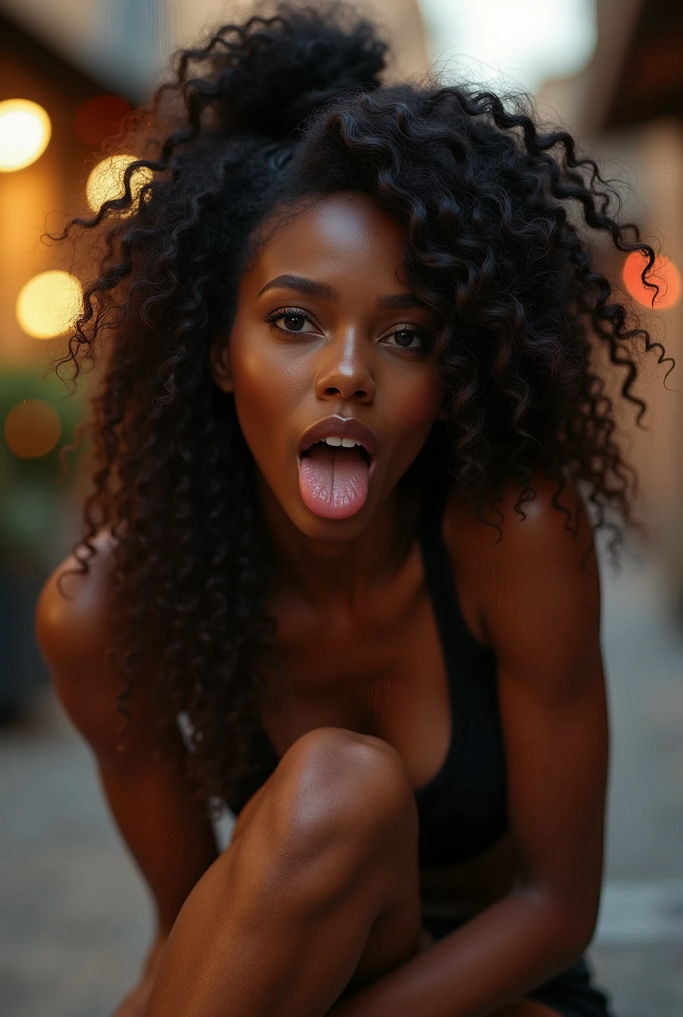 ((Dark African skin, Very deep ebony skin)), ((Its beauty is undeniable)), ((Excited cute face)), ((Hyper detailed perfect eyes,)), ((Pose mignonne)), ((Langue sortie)), ((Seductive )), sexy, (( Tight mesh shirt, shorts courts sexy)), ((African long curly hair afro ponytail,)), (( peau)), ((debout, Vue de face)), ((toucher ses propres jambes dans une pose sexy)), ((dehors, Ville publique)), Sharp Focus CGI, photoreallistic, High detail, Realstic, Masterpiece, absurdes, Best quality, Hdr, High quality, high-definition, Extremely detailed, 8k wallpaper, Intricate details, 8K UHD, Full-HD, (photo realist:1.2), contraste, intense illumination, lighting cinematic, natural lighting, hard light, contre-jour, Illumination globale, occlusion ambiante