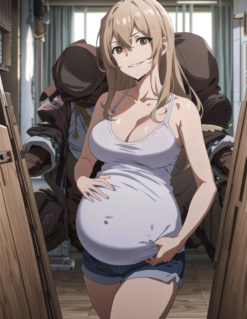 score_9, score_8_up, score_7_up, source_anime, best quality, clear face, 1girl, Clair Aoki, masterpiece, best quality, highres, aoki1, brown eyes, freckles, large breasts, bikini, shorts, cleavage, smile, looking at viewer, sky, standing, pregnant belly, huge belly, belly