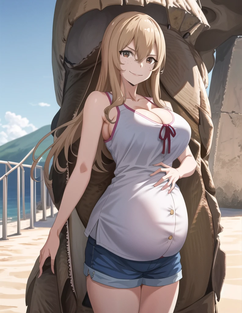 score_9, score_8_up, score_7_up, source_anime, best quality, clear face, 1girl, Clair Aoki, masterpiece, best quality, highres, aoki1, brown eyes, freckles, large breasts, bikini, shorts, cleavage, smile, looking at viewer, sky, standing, pregnant belly, huge belly, belly