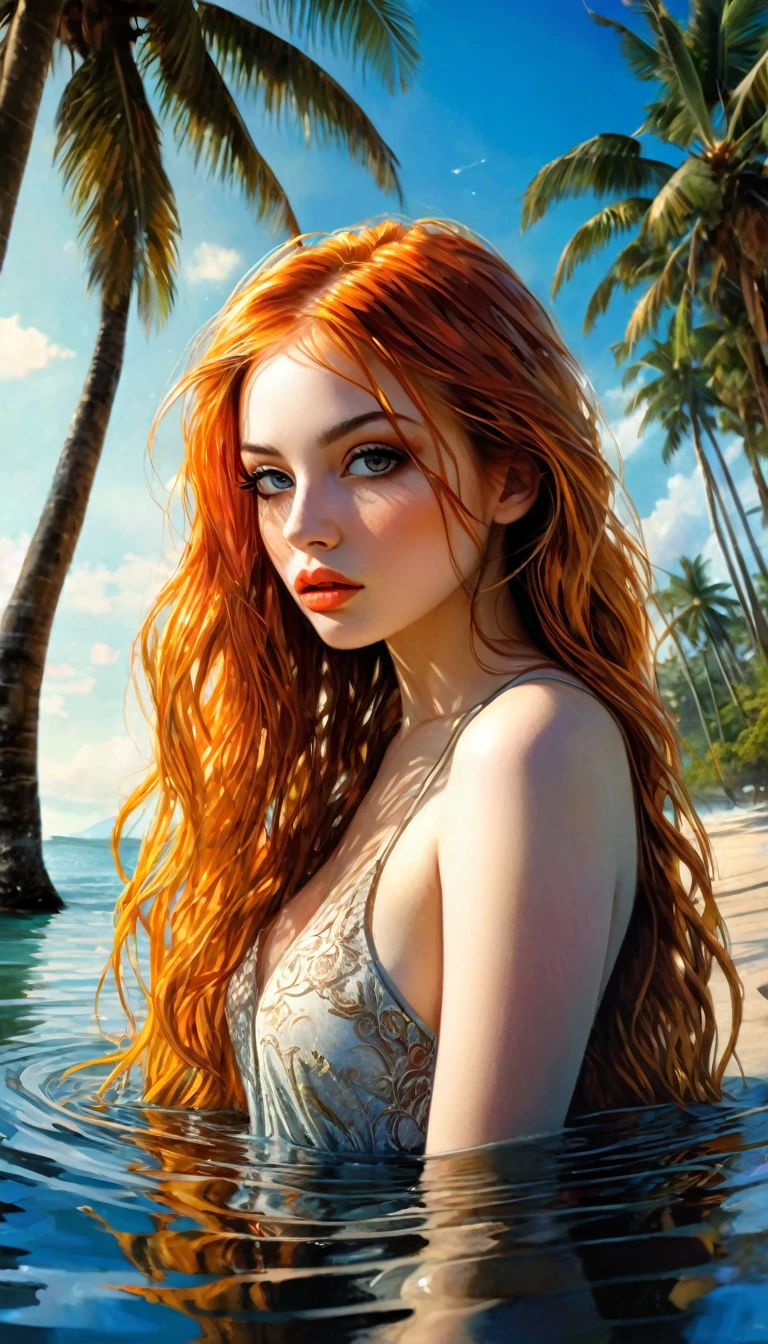 a beautiful girl with long orange hair, very sexy, standing in the water of a tropical beach, with the sun shining (best quality, 4k, 8k, high resolution, masterpiece: 1.2), ultra detailed, (realistic, photorealistic, photo - realistic: 1.37), extremely detailed face and body, flawless skin, seductive pose, beach landscape, palm trees, ocean waves, warm and sunny atmosphere, vibrant colors, (best quality, 4k, 8k, high resolution, masterpiece: 1.2), ultra-detailed, (realistic, photorealistic, photorealistic: 1.37), details intricate, vivid colors, sharp focus, professional, Dave McKean artwork, surrealism oil touch, oil painting style, portrait, woman, beautiful detailed eyes, beautiful detailed lips, dreamy atmosphere, shadow play, lighting soft, fun pose, dark tones, ethereal background, fantasy elements, texture, layered composition.

