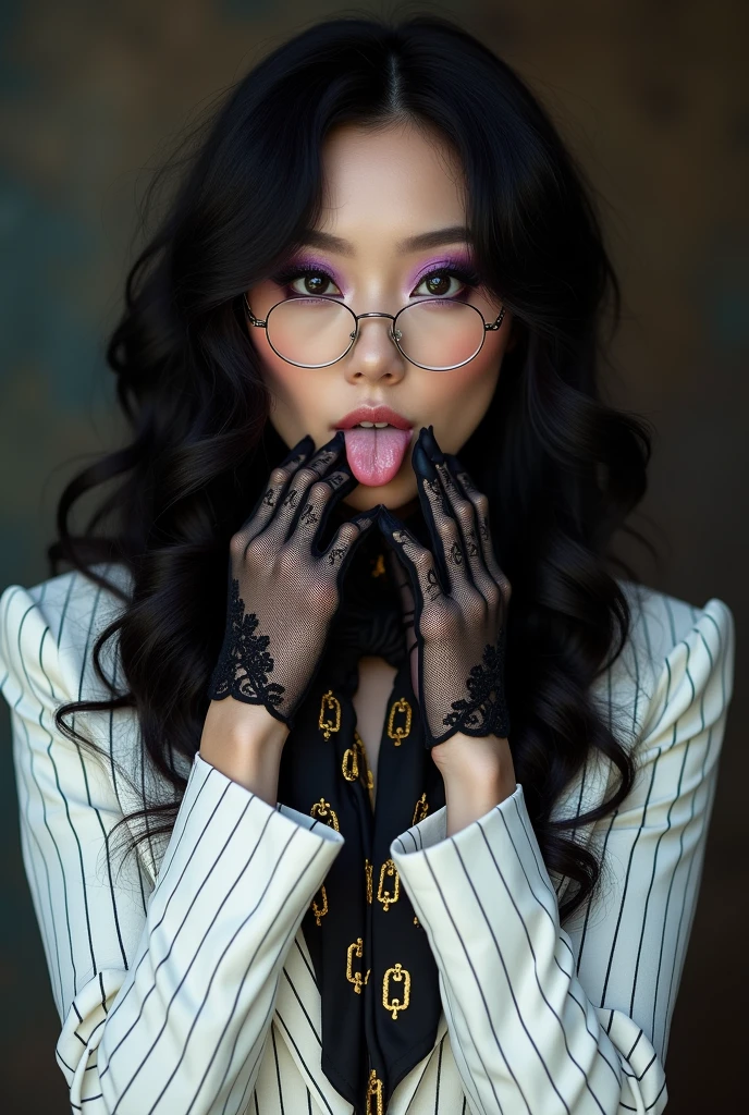 With long, curly black hair、Heavy makeup and purple eyeshadow、Dark eyeliner、Around her neck she wears a ribbon-shaped satin black and gold chain patterned scarf.、Wearing oval gold-rimmed glasses、Wearing long gloves made of black rose lace、A Japanese woman in her 40s wearing a striped white suit is licking her fingers obscenely with her tongue