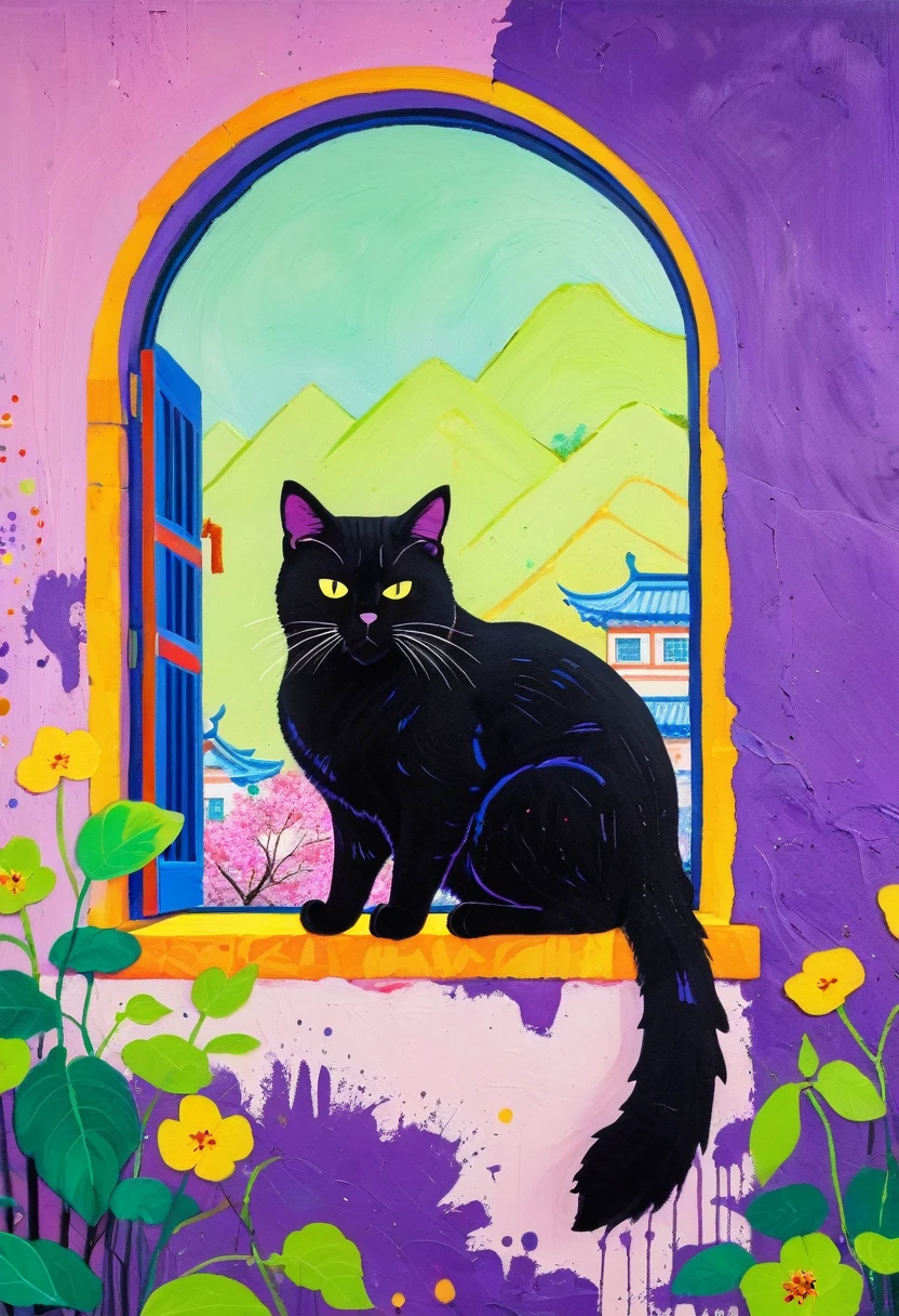 A painting：(((Colorful black，Chalk painting，Oil stick painting，Volume，Thick coating，Uneven texture，Plaster texture，Graffiti)))。Colorful black，A cat on the windowsill, Bright colors的猫, Purple和, cute的, Bright colors，cute, Lavender Color and Color Schemes, 和Purple的配色方案,  Beautiful Art,  Purple, Whimsical Art, 和Purple色调, Lime and Violet, Close together,, spring, Inspired by Tomokazu Matsuyama, Delightful