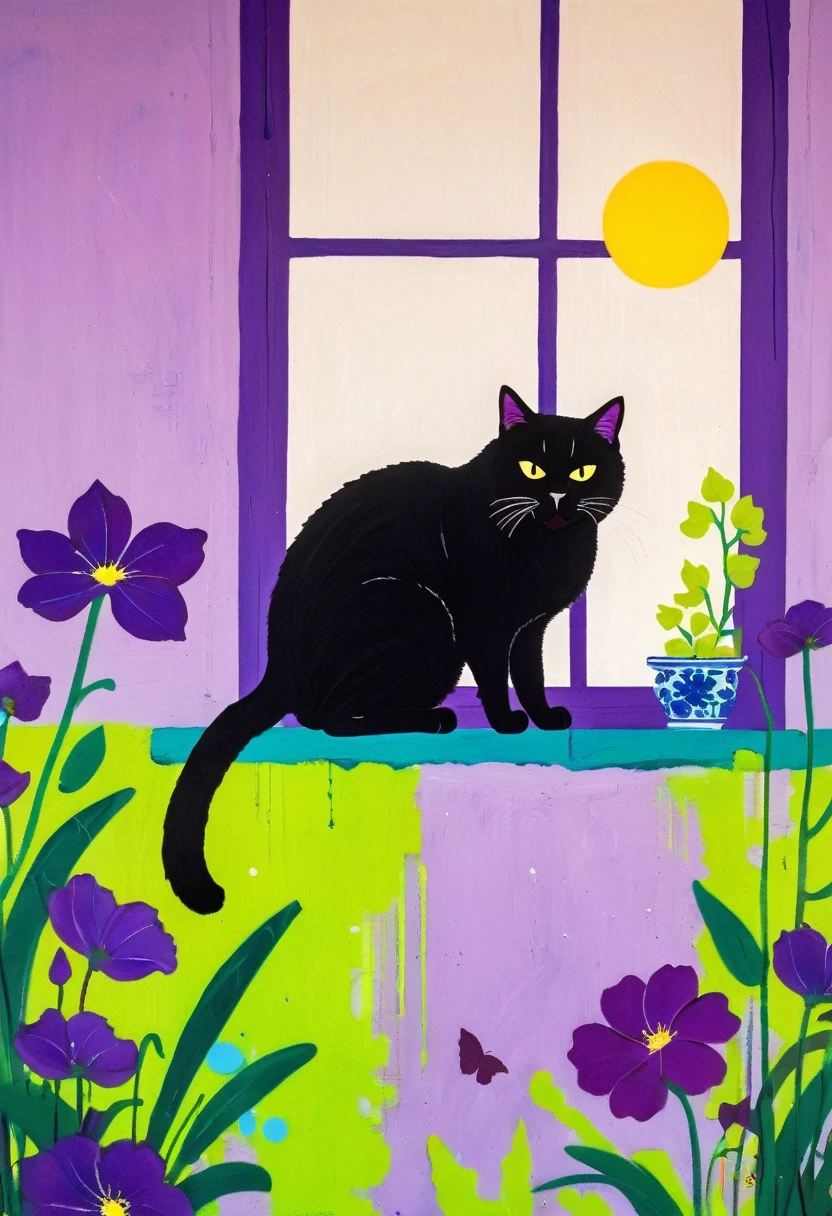 A painting：(((Colorful black，Chalk painting，Oil stick painting，Volume，Thick coating，Uneven texture，Plaster texture，Graffiti)))。Colorful black，A cat on the windowsill, Bright colors的猫, Purple和, cute的, Bright colors，cute, Lavender Color and Color Schemes, 和Purple的配色方案,  Beautiful Art,  Purple, Whimsical Art, 和Purple色调, Lime and Violet, Close together,, spring, Inspired by Tomokazu Matsuyama, Delightful