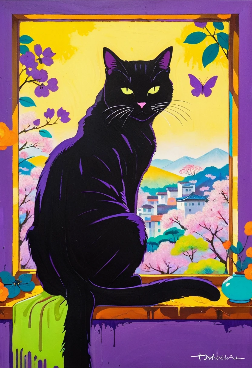 A painting：(((Colorful black，Chalk painting，Oil stick painting，Volume，Thick coating，Uneven texture，Plaster texture，Graffiti)))。Colorful black，A cat on the windowsill, Bright colors的猫, Purple和, cute的, Bright colors，cute, Lavender Color and Color Schemes, 和Purple的配色方案,  Beautiful Art,  Purple, Whimsical Art, 和Purple色调, Lime and Violet, Close together,, spring, Inspired by Tomokazu Matsuyama, Delightful