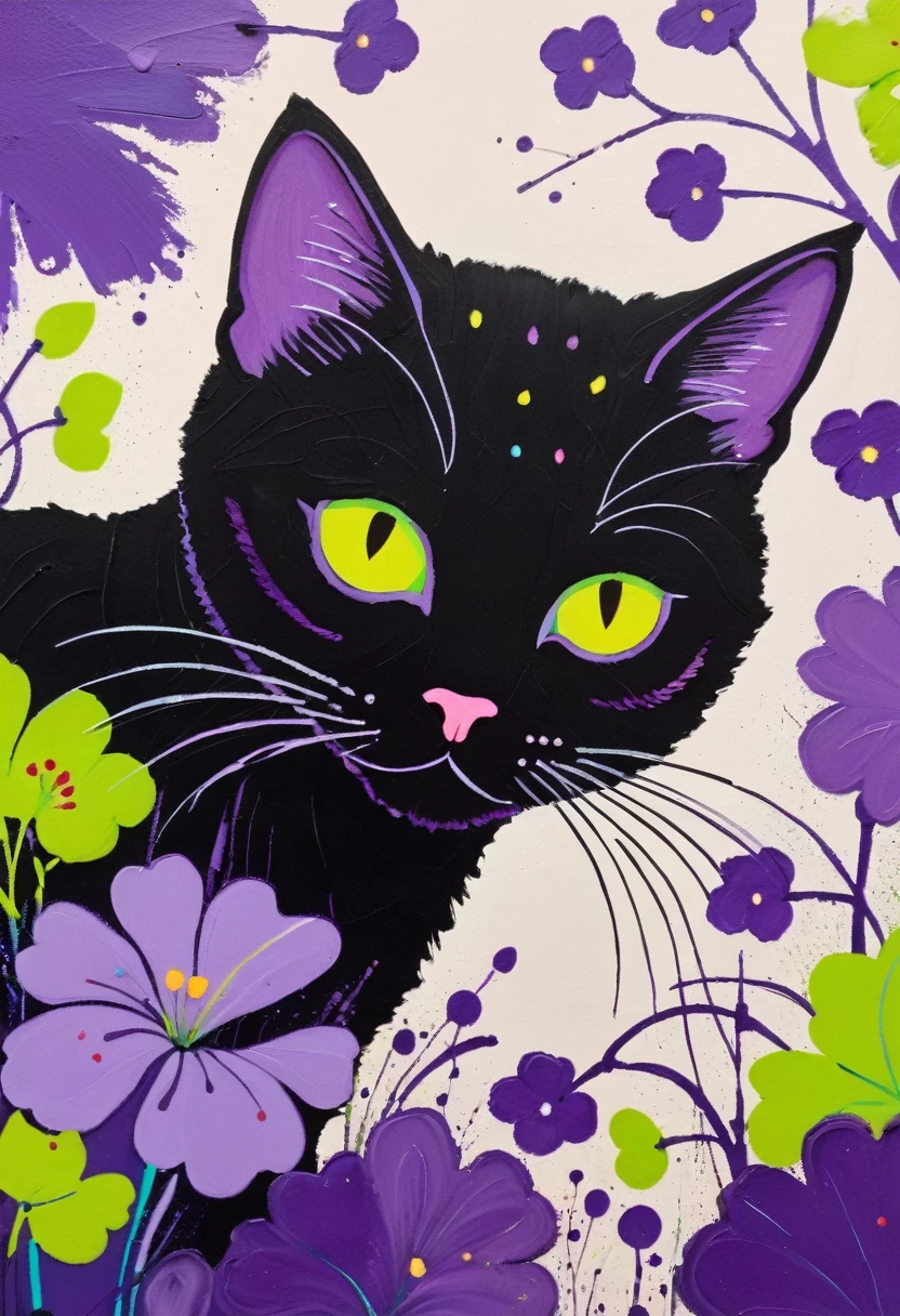 A painting：(((Colorful black，Chalk painting，Oil stick painting，Volume，Thick coating，Uneven texture，Plaster texture，Graffiti)))。Colorful black，A cat on the windowsill, Bright colors的猫, Purple和, cute的, Bright colors，cute, Lavender Color and Color Schemes, 和Purple的配色方案,  Beautiful Art,  Purple, Whimsical Art, 和Purple色调, Lime and Violet, Close together,, spring, Inspired by Tomokazu Matsuyama, Delightful