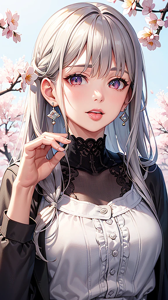 One person, High resolution, solo, High detail, Gray Hair, Grey Hair, Two Side Up, Open your mouth a little, tongue, awkward, Droopy eyes, Sparkling eyes, Flower Eyes, Part of the picture goes outside the frame, Character portrait, Illustration, Realistic, Earrings,choker♡,Under the cherry blossom tree in the background,Girl,lips are small,Brown skin