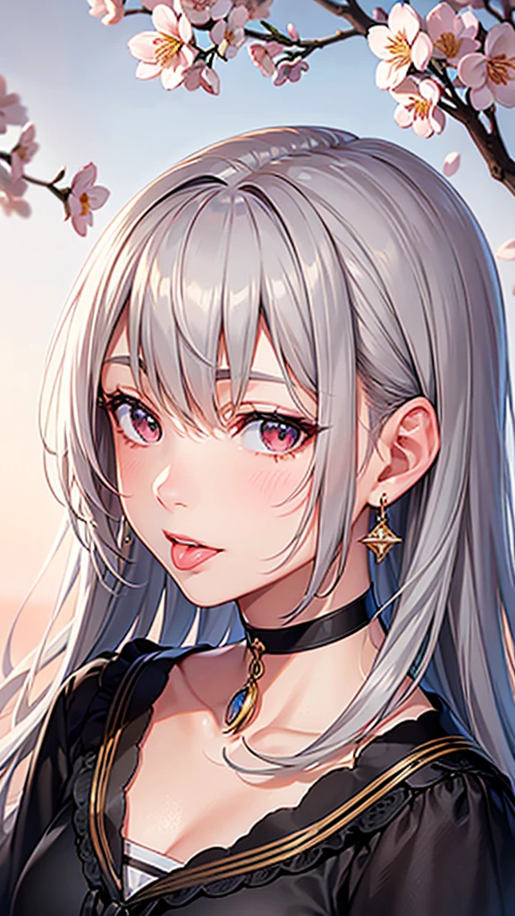 One person, High resolution, solo, High detail, Gray Hair, Grey Hair, Two Side Up, Open your mouth a little, tongue, awkward, Droopy eyes, Sparkling eyes, Flower Eyes, Part of the picture goes outside the frame, Character portrait, Illustration, Realistic, Earrings,choker♡,Under the cherry blossom tree in the background,Girl,lips are small,Brown skin