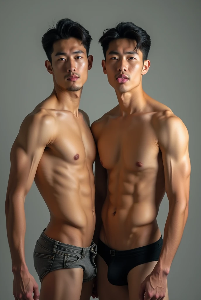 two men Chinese-korean looking at camera、30 years old、male、asian、very handsome, stick out tongue、full-naked、abs、Pectoral muscle, handsome and elegant, sexy, , muscular, Nice looking muscles, a mature man, sexy and elegant, (muscular body),sexual relations
