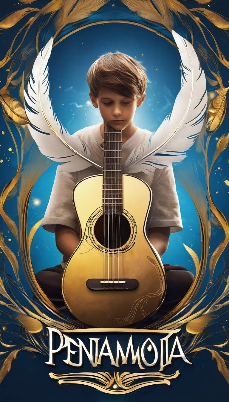 Create a cinematic, abstract symbol for a storytelling production brand based on stories and dreams called " Penamemoria". The logo should convey a fantasy theme and include the company of a boy and a feather. Fantastic, memorable, poetic, dreamy, sitting against a tree and playing guitar to a fantastic, unique, poetic white-blue-golden feather.