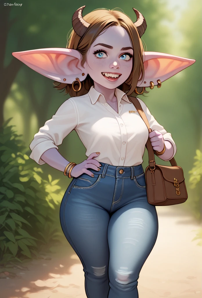 Emma Watson, brown hair, blue eyes, (jeans, white blouse), GobGirl, purple skin, short, demon horns, long ears, large ears, piercings, colored skin, monster_girl 1girl, pointy ears, goblin, shortstack, long pointy ears, earrings, realism 