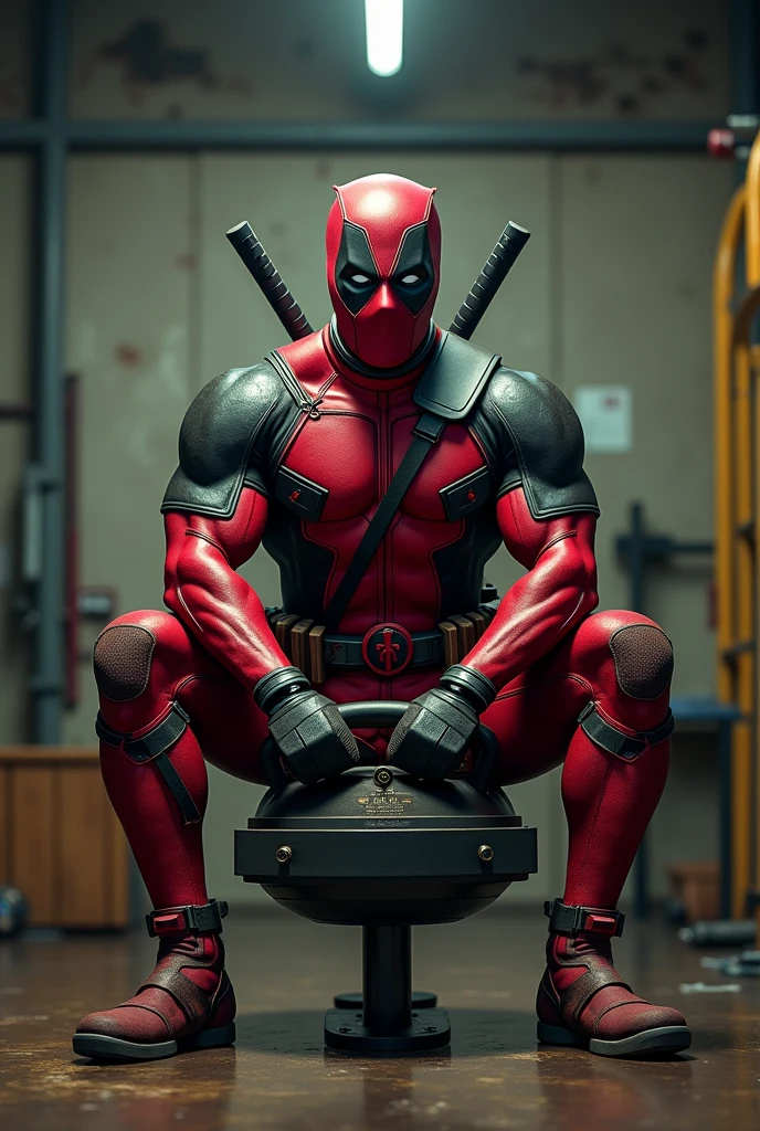 Create a Deadpool in the gym training with a Russian dumbbell and holding a gun and sitting down