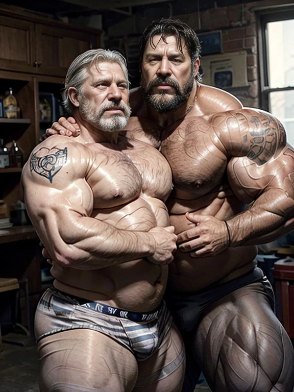 Hyperrealistic image of two Victorian boxers with badly injured faces hugging a bare-chested man A very old and very sweaty superhero with very grey hair A very muscular 80-year-old bodybuilder and a 20-year-old fat guy weighing over 200 kilos with a big, bare torso, Saggy breasts Huge tattoos Big brown nipples A grey mustache Dressed in striped tights in the middle of a ringside