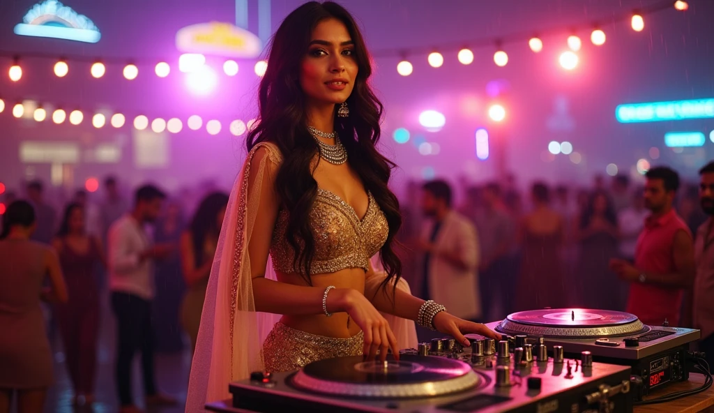 A glamorous Indian Bollywood female DJ stands confidently on rooftop, It's Raining. surrounded by flashing neon lights and a live audience, wearing a shimmering golden lehenga choli with intricate embroidery, paired with a pair of high heels and statement silver jewelry, her long, dark brown hair cascading down her back, her bright brown eyes twinkling with confidence, her full lips curved into a subtle smile, her smooth, golden-brown skin glowing with a subtle sheen, as she expertly spins a vinyl record on a sleek, silver DJ console, the turntables and mixer gleaming in the spotlight, the overall atmosphere electric and vibrant, with a dash of Bollywood flair.