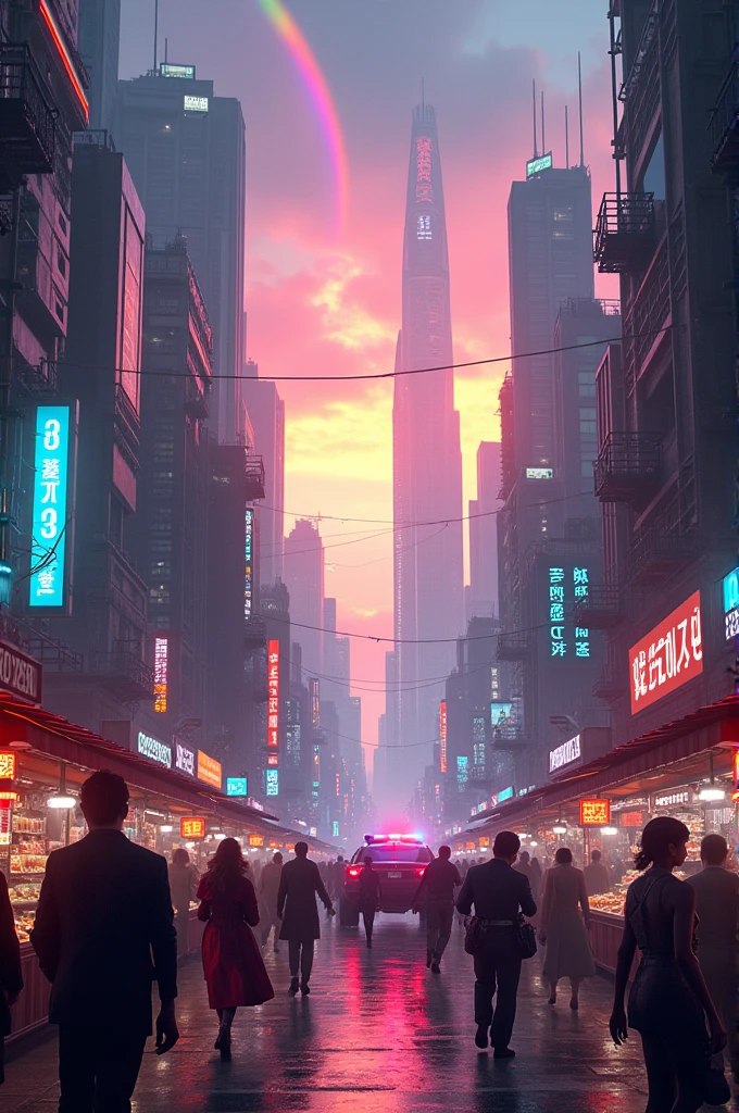Create an image of a futuristic city with flying cars and skyscrapers in a neon style with a busy street market full of pedestrians, futuristic gadgets and devices and the police chasing a fugitive, against the backdrop of a rainbow and sunset in the sky.