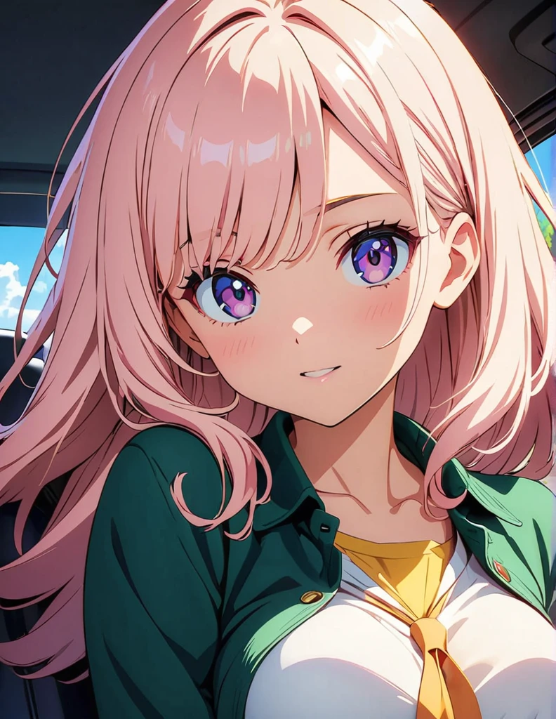 (anime artwork, anime style, studio anime, very detailed, up to date, vibrant, Anime Coloring, high contrast, masterpiece:1.2, best quality, best aesthetics),1 girl, Medium chest, A glimpse of thighs,random hair, One eye is hidden by the bangs, perfect proportions, high detail skin, Cute, detailed faces, precise fingers,in the convertible car front driver's seat,