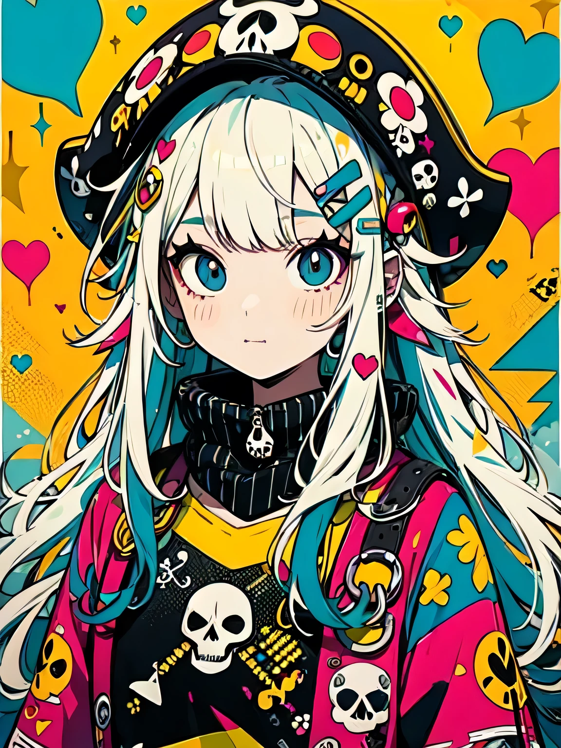 Takashi Murakami style、"cute, beautiful, Adorable girl wearing pink clothes, yellow, and baby blue color scheme. She is wearing a costume with a SKULL motif inspired by a female pirate.。.。.。.... stylish hat, Rock、Comes with decorative accessories such as hair clips. Embodying the vibrant and modern Harajuku fashion style。."