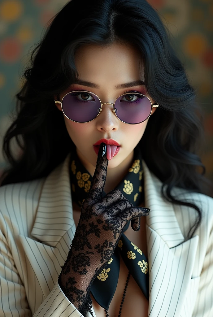 With long, curly black hair、Heavy makeup and purple eyeshadow、Dark eyeliner、Around her neck she wears a ribbon-shaped satin black and gold chain patterned scarf.、Wearing oval gold-rimmed glasses、Wearing long gloves made of black rose lace、A Japanese woman in her 40s wearing a striped white suit is licking her fingers obscenely with her tongue