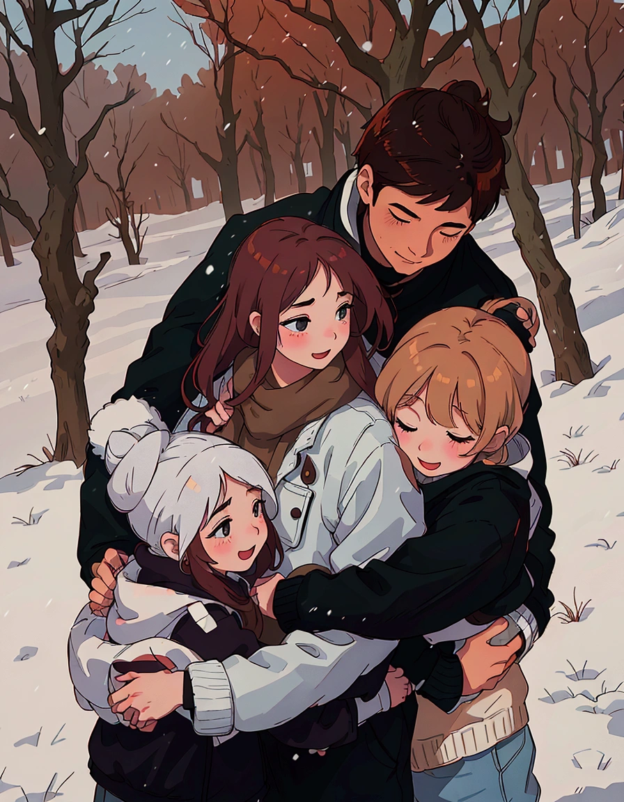 (best quality:0.8) perfect anime illustration, a man and two women hug each other while standing in the snow, family photography, profile pic, husband wife and son, happy family, photo of a beautiful, instagram photo, in the snow, family photo, family, pexels, untitled, by Emma Andijewska, absolutely outstanding image, instagram picture, edited, in the winter