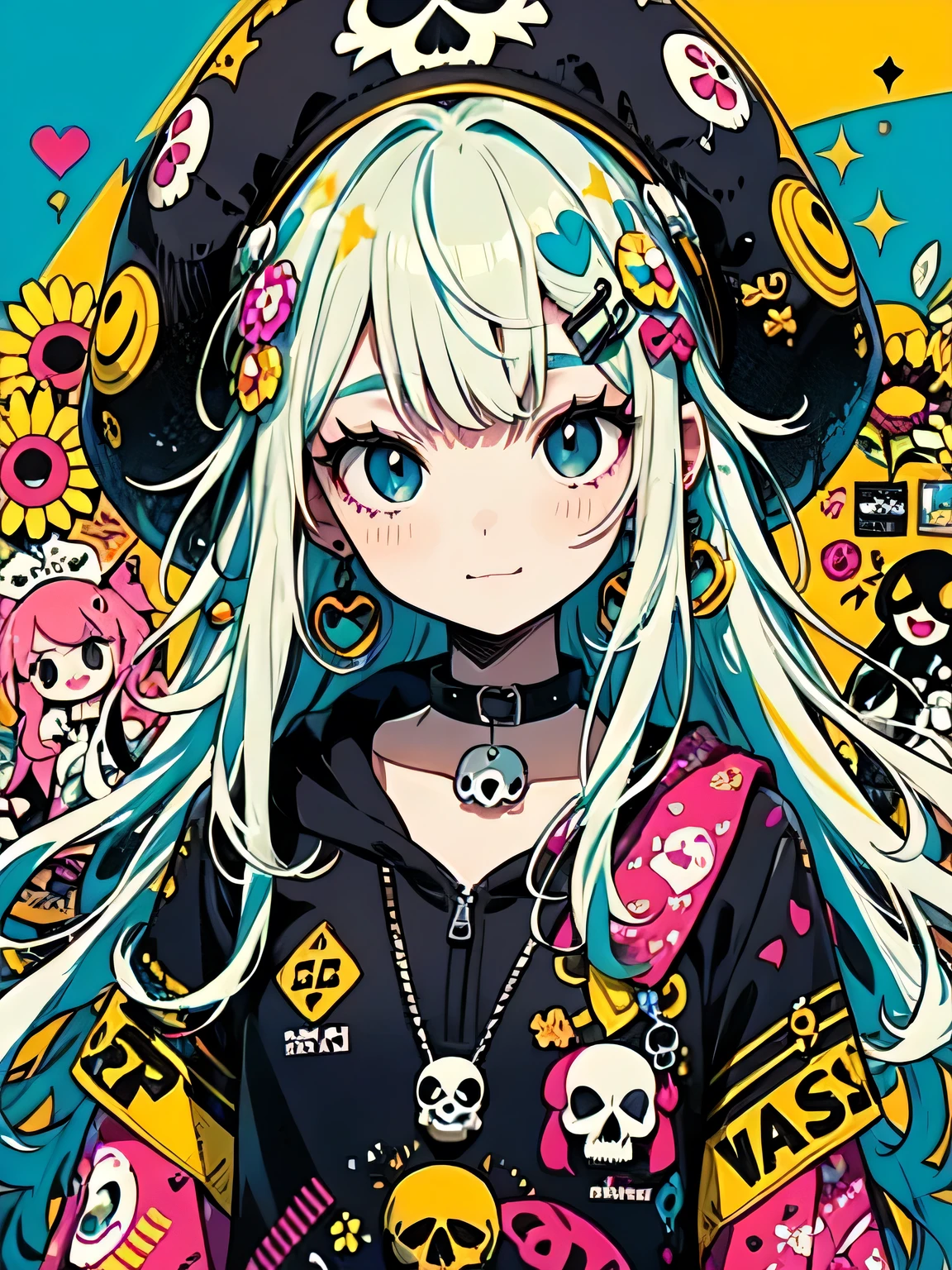 Takashi Murakami style、"cute, beautiful, Adorable girl wearing pink clothes, yellow, and baby blue color scheme. She is wearing a costume with a SKULL motif inspired by a female pirate.。.。.。.... stylish hat, Rock、Comes with decorative accessories such as hair clips. Embodying the vibrant and modern Harajuku fashion style。."