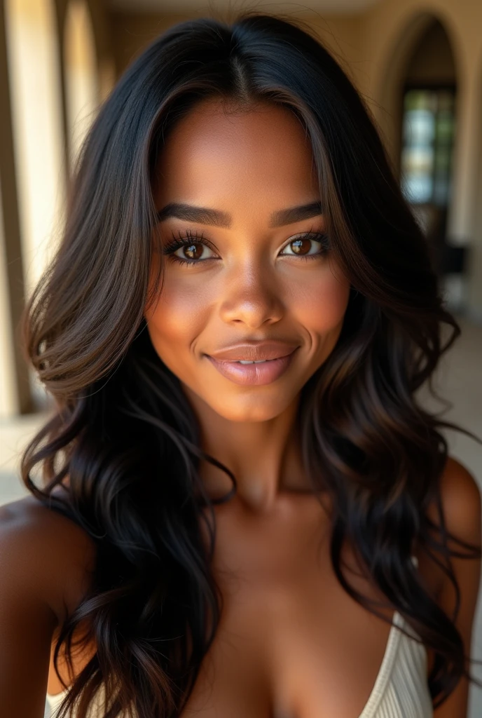 hyper realistic portrait of skai Jackson, 19 years old, with long flowing black hair and brown eyes. She should have a natural, approachable expression and be lit by soft, golden light, canon eos r5, raw format, selfie in a modern mansion