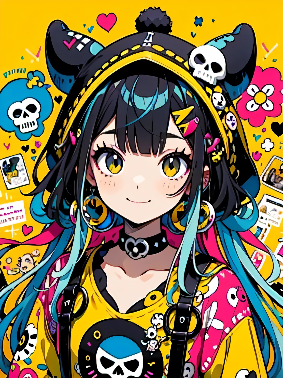 Takashi Murakami style、"cute, beautiful, Adorable girl wearing pink clothes, yellow, and baby blue color scheme. She is wearing a costume with a SKULL motif inspired by a female pirate.。.。.。.... stylish hat, Rock、Comes with decorative accessories such as hair clips. Embodying the vibrant and modern Harajuku fashion style。."