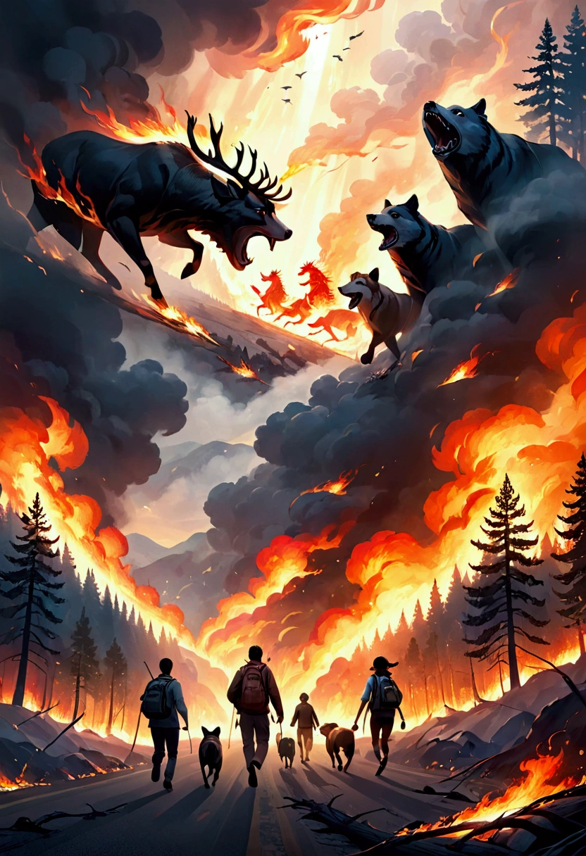 create an image of people and animals fleeing from forest fire

