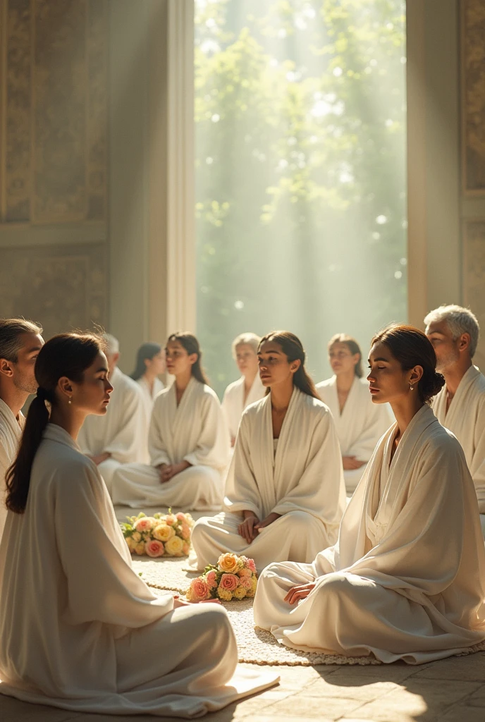 3 women and 4 men praying in white dress in meditation
