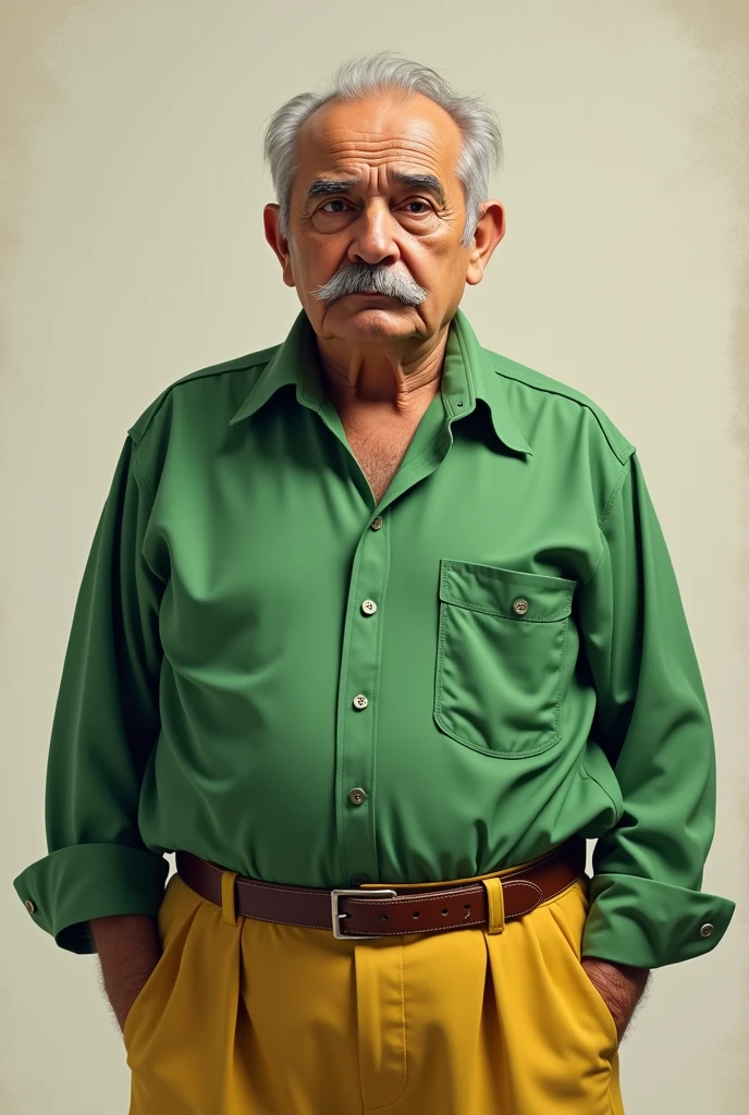 90 years old Turkish man with thin mustache , wearing a green shirt, yellow trousers, overweight, short hair