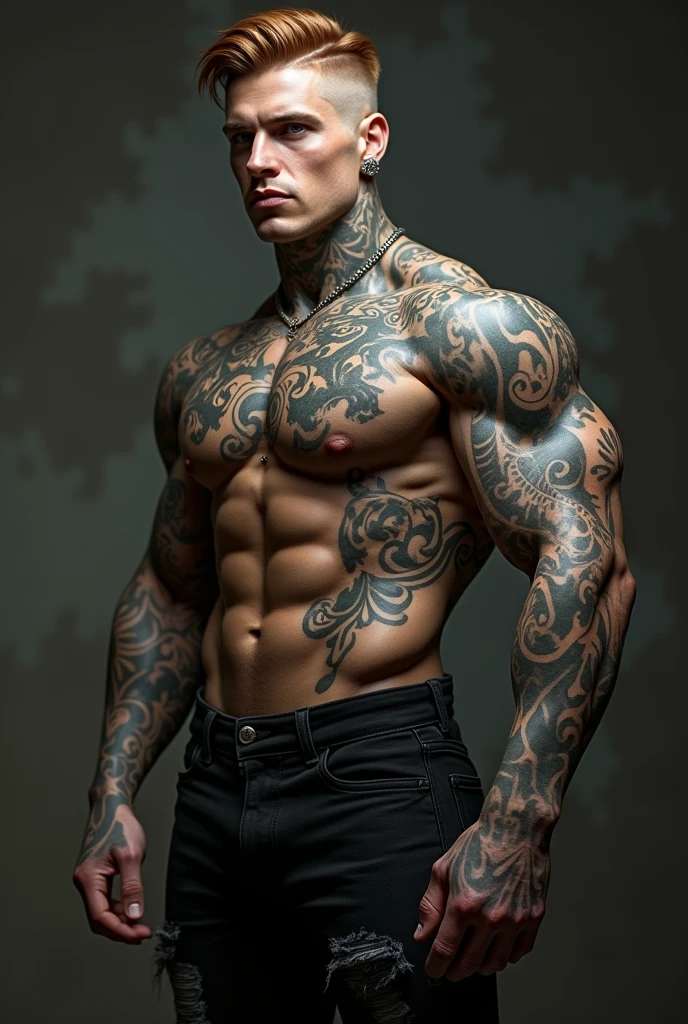 His black clothing lets me see, I notice that he is completely tattooed on his hands,arms and neck, even from her head leaving only her beautiful face free of ink, He wears black jeans ripped from the knees and there I can also see tattoos, His jaw is square, Her eyebrows are a little thick but defined, fine nose, grey eyes, copper colored hair, short on the sides and long in the front, perfectly combed to one side, She has piercings in both of her ears and both sides of her nose., His body is worked and very defined, every muscle is noticeable under his clothes., His shoulders are broad and his hips are slim., the perfect body of a greek god, He walks even more arrogantly than the others, giving off power and security and a dark aura around it that even if I don&#39;t see it I feel it no matter how far away we are, doesn&#39;t smile, He doesn&#39;t look at anyone and his eyes show absolutely nothing.