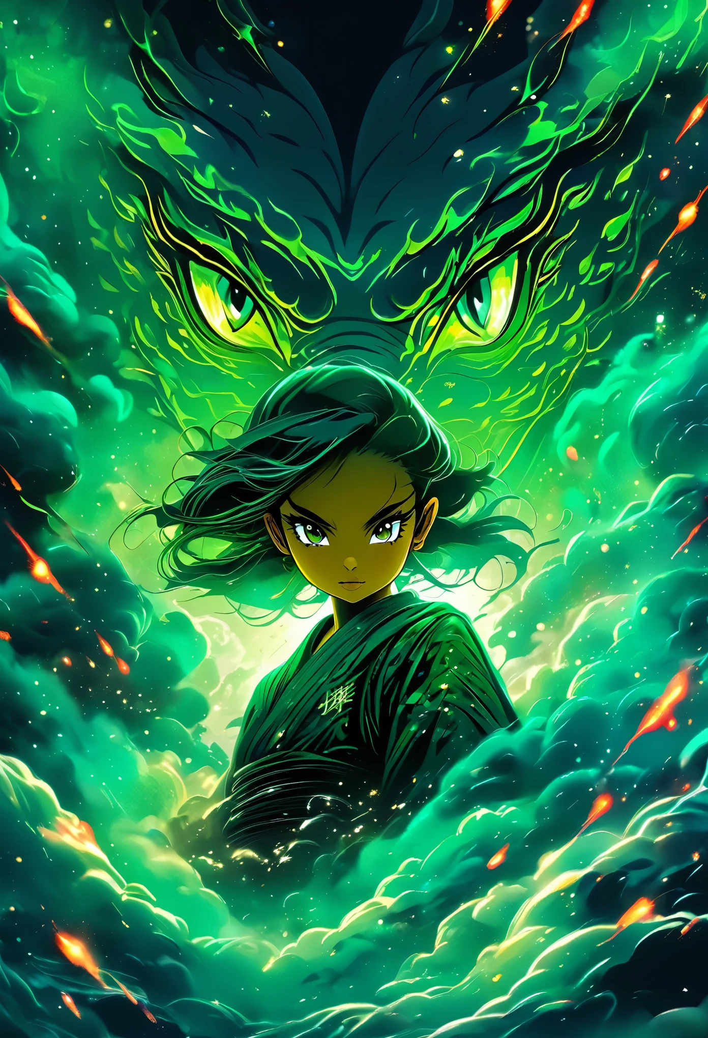 Create a detailed digital painting in anime style, featuring a dramatic scene where a green dragon tears through an emerald nebula sky. The background is a swirling cosmic landscape with bold colors and deep contrasts. In the foreground, focus on the intense eyes and expressive eyebrows of a girl, partially revealed amidst the tear. The surrounding areas should be filled with dynamic, sharp lines, and high contrast, giving the scene a powerful, almost surreal feel. Incorporate splashes of paint in a striking style, with Kanji calligraphy elegantly placed on the side, blending into the composition. The entire image should have a strong graphic and artistic flair, with a dark, intense atmosphere emphasized by the bold framing against a black background.