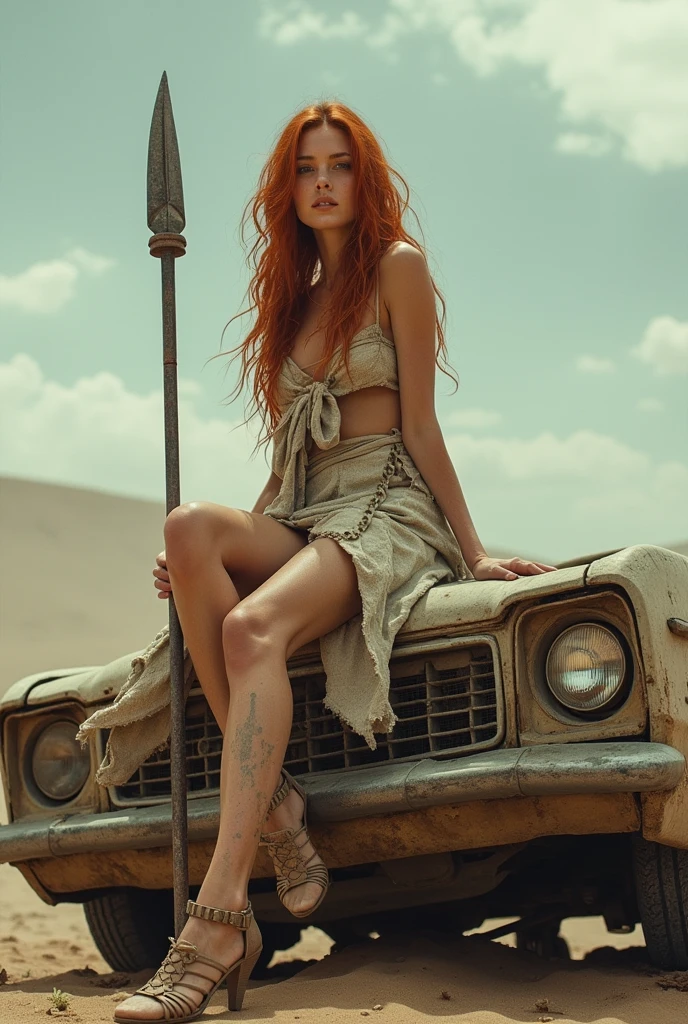 She was a vision, even in the desolate, sun-bleached wasteland. Her hair, once a vibrant cascade of red, was now a tangled, dusty mane, a stark contrast to the barren, gray horizon. Her skin, typically porcelain-smooth, was etched with grime and the harsh kiss of desert winds. Yet, her eyes, still an arresting emerald green, held a defiant spirit that belied the harsh conditions. Clad in tattered remnants of what was once a designer dress, she was a haunting juxtaposition of beauty and brutality. Her legs, once adorned with high fashion, were now scratched and scarred, but still bore the unmistakable mark of a model's grace. She sat atop a rusted, overturned car, her posture as regal as it would have been on a Parisian runway. A storm was brewing, the sky a canvas of angry hues. Wind whipped around her, carrying grains of sand that stung like needles. Yet, she remained unyielding, a statue of resilience in the face of impending chaos. In her hands, she clutched a makeshift weapon, a crudely crafted spear, a symbol of survival in this desolate world. She was a queen dethroned, a survivor in a world gone mad, and her beauty, though tarnished, was a beacon of hope in a landscape of despair.