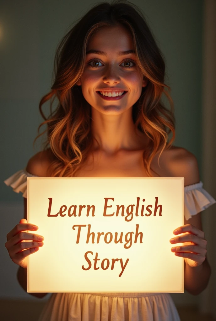 Beautiful girl with heart-warming smile and wavy long hair, bohemian dress, holding a white board with text "learn English Through Story" and showing it to the viewer, the board is glowing with a the text.Different quality girl.