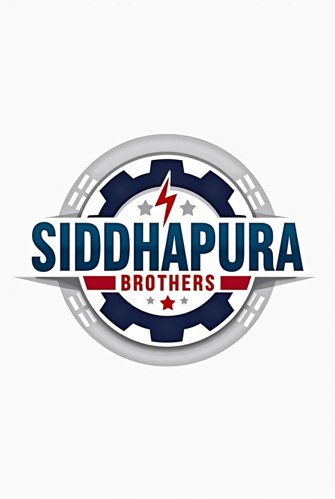 "SIDDHAPURA BROTHERS" brand name logo, theme industrial machinery, light background, add gear and electric symbol, color Red and blue,