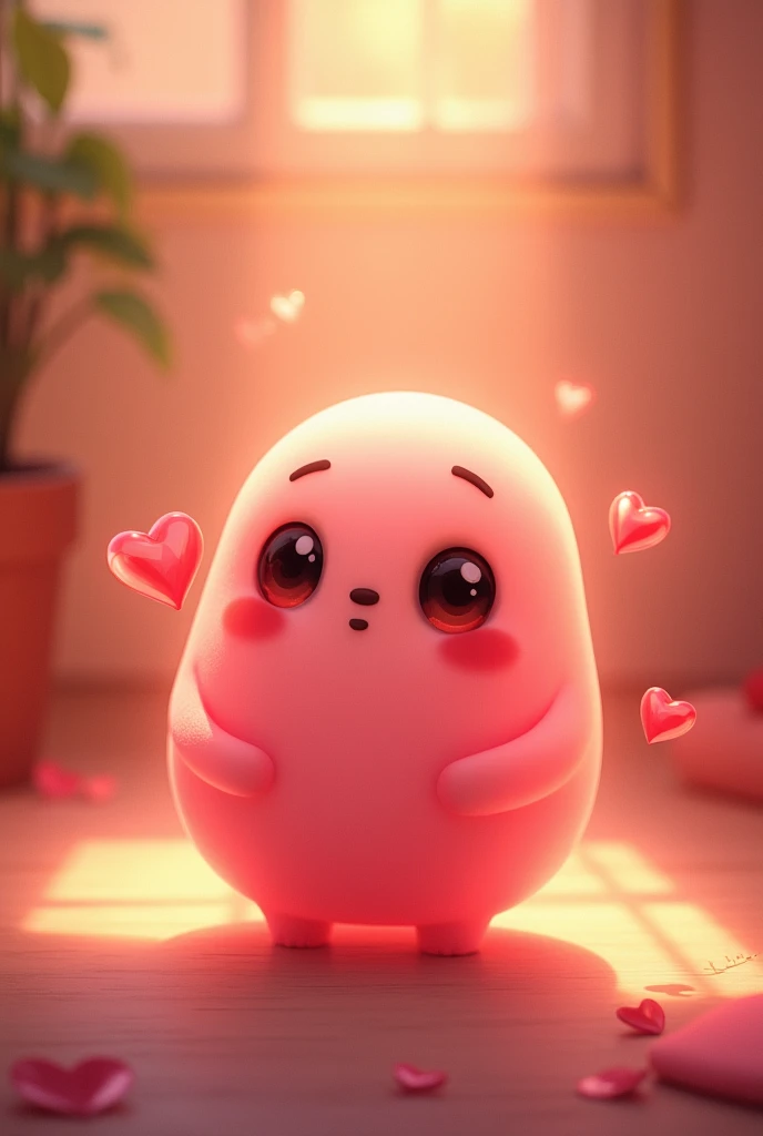 Imagine a character representing the emotion of love, inspired by the style of the film "funny mind". It can take the form of a small, friendly figure., with a predominantly pink or soft red color. Its body can be rounded and translucent, reflecting a feeling of warmth and softness. Your eyes would be big and expressive, showing affection and tenderness. She may have little hearts floating around her or emit a soft glowing aura., symbolizing love and connection. The overall look is welcoming and full of warmth., conveying the idea of affection and care.