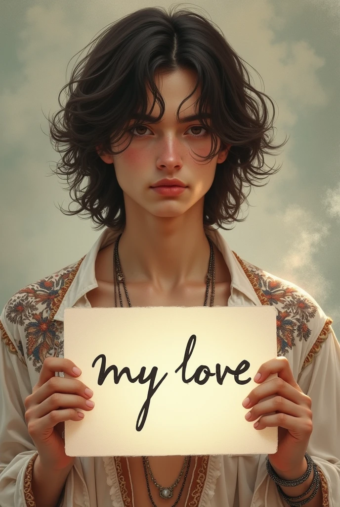 Beautiful boy with wavy long hair, bohemian dress, holding a white board with text my love m