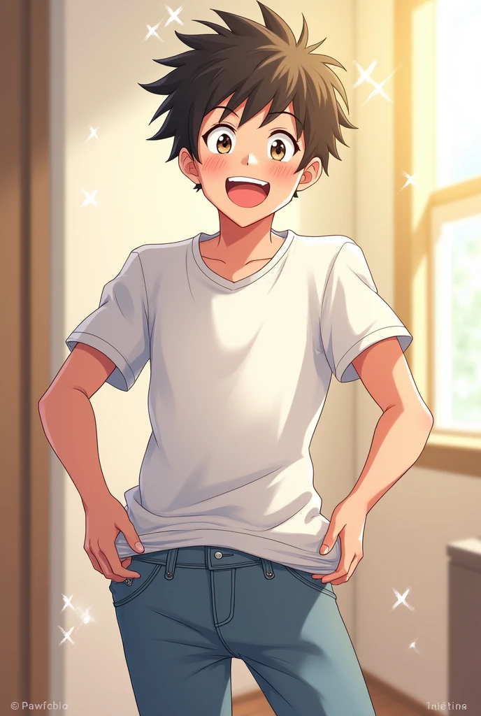 Smiling anime man taking off his pants