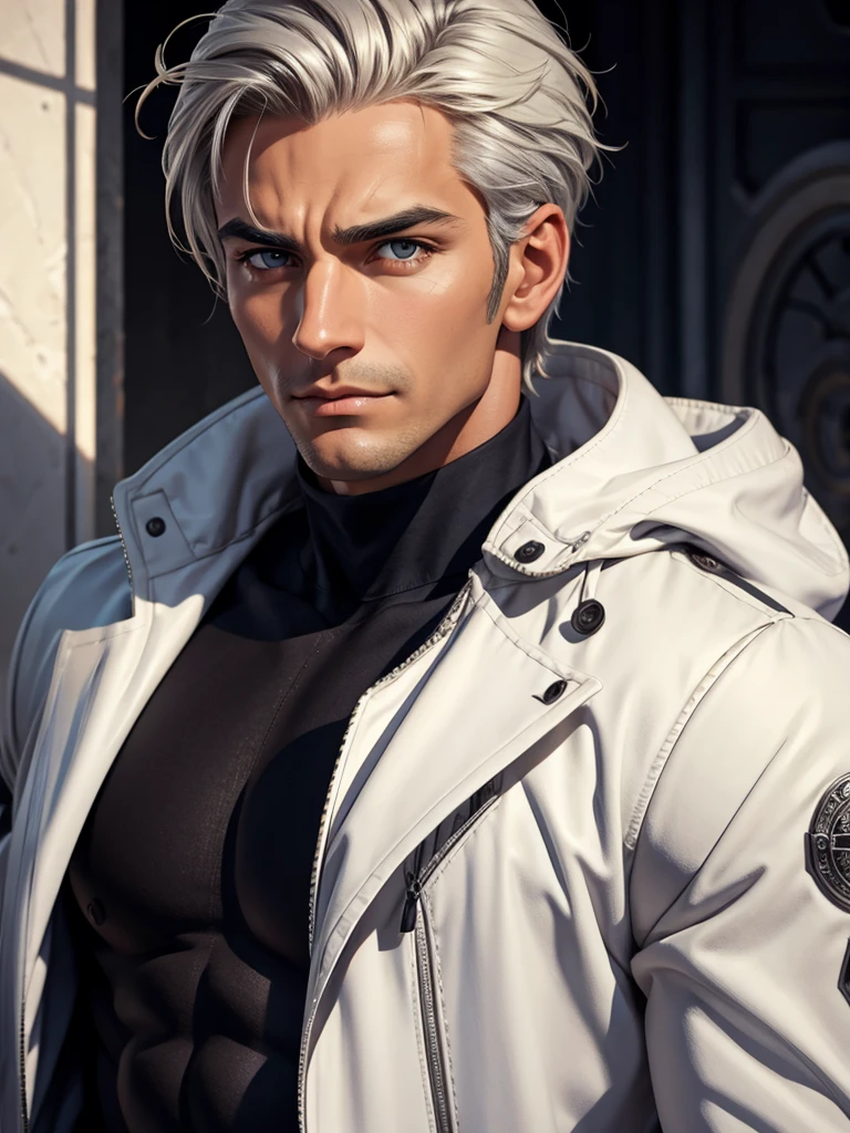 (best quality), 1boy, mature man, tanned skin, silver hair, medium hair, hair loosely combed back, brown eyes, perfect eyes, muscular, handsome, cold expression, black turtleneck, coat jacket, clean shaven face, masterpiece, anatomically correct, highres
