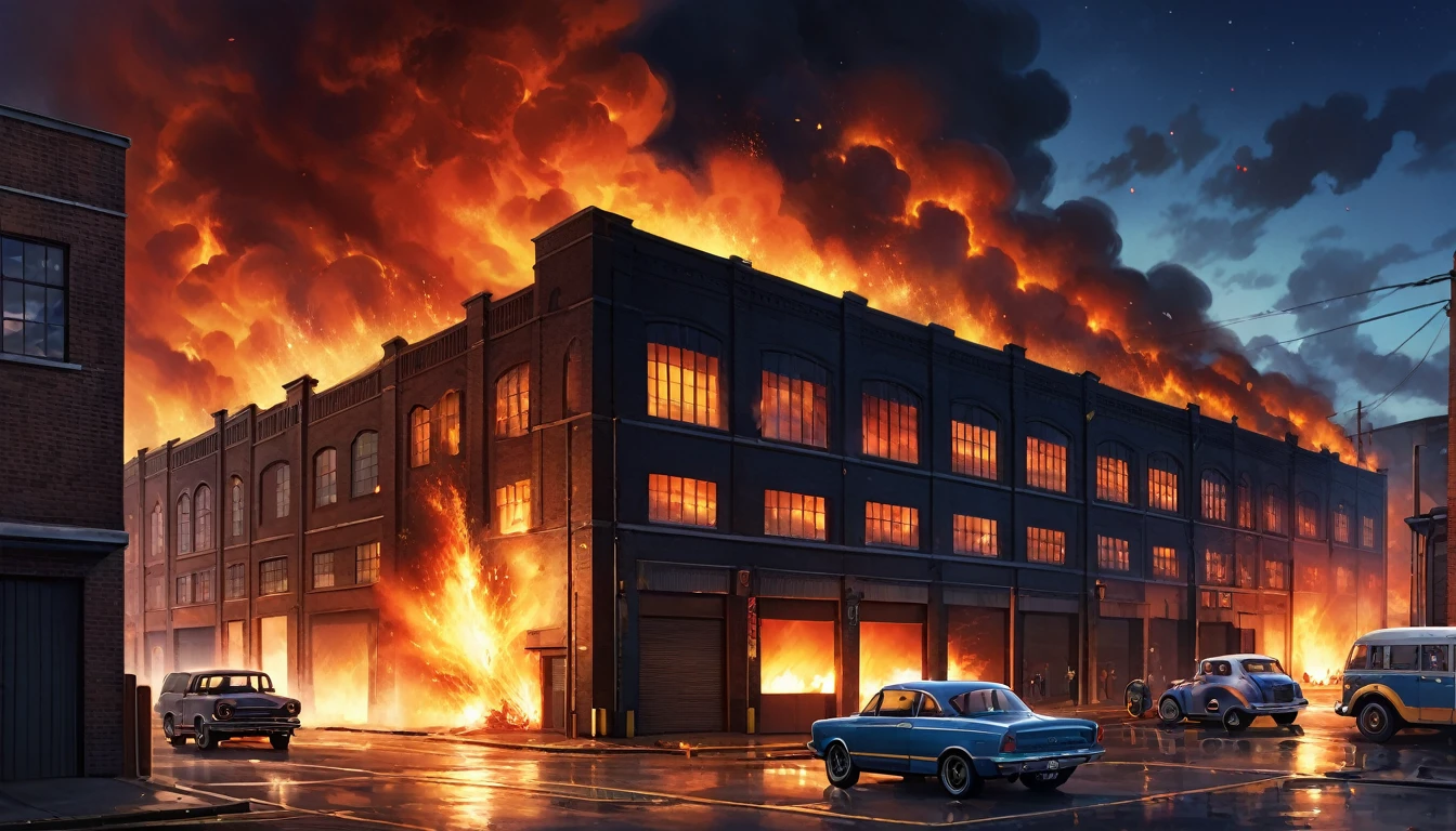 Urban street, two storey warehouse on fire on right hand side of street, flames leap from the warehouse windows, smoke billowing into the night sky, space between warehouse and other structures, small open area car park to the near right of screen, a few cars parked on wide street further up from the fire