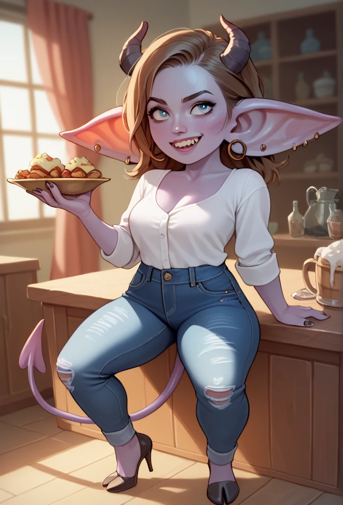 Emma Watson, brown hair, blue eyes, (jeans, white blouse), GobGirl, purple skin, short, demon horns, long ears, large ears, piercings, colored skin, monster_girl 1girl, pointy ears, goblin, shortstack, long pointy ears, earrings, realism, demon tail, hooves