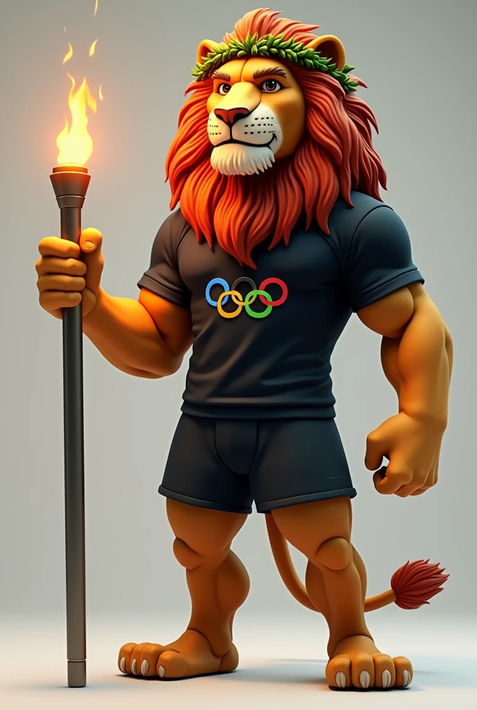 Create an Olympic mascot image as a realistic lion, supported on four legs. The Lion is wearing a laurel wreath and a black t-shirt with the colors of the Olympics and his right paw is on an Olympic torch.