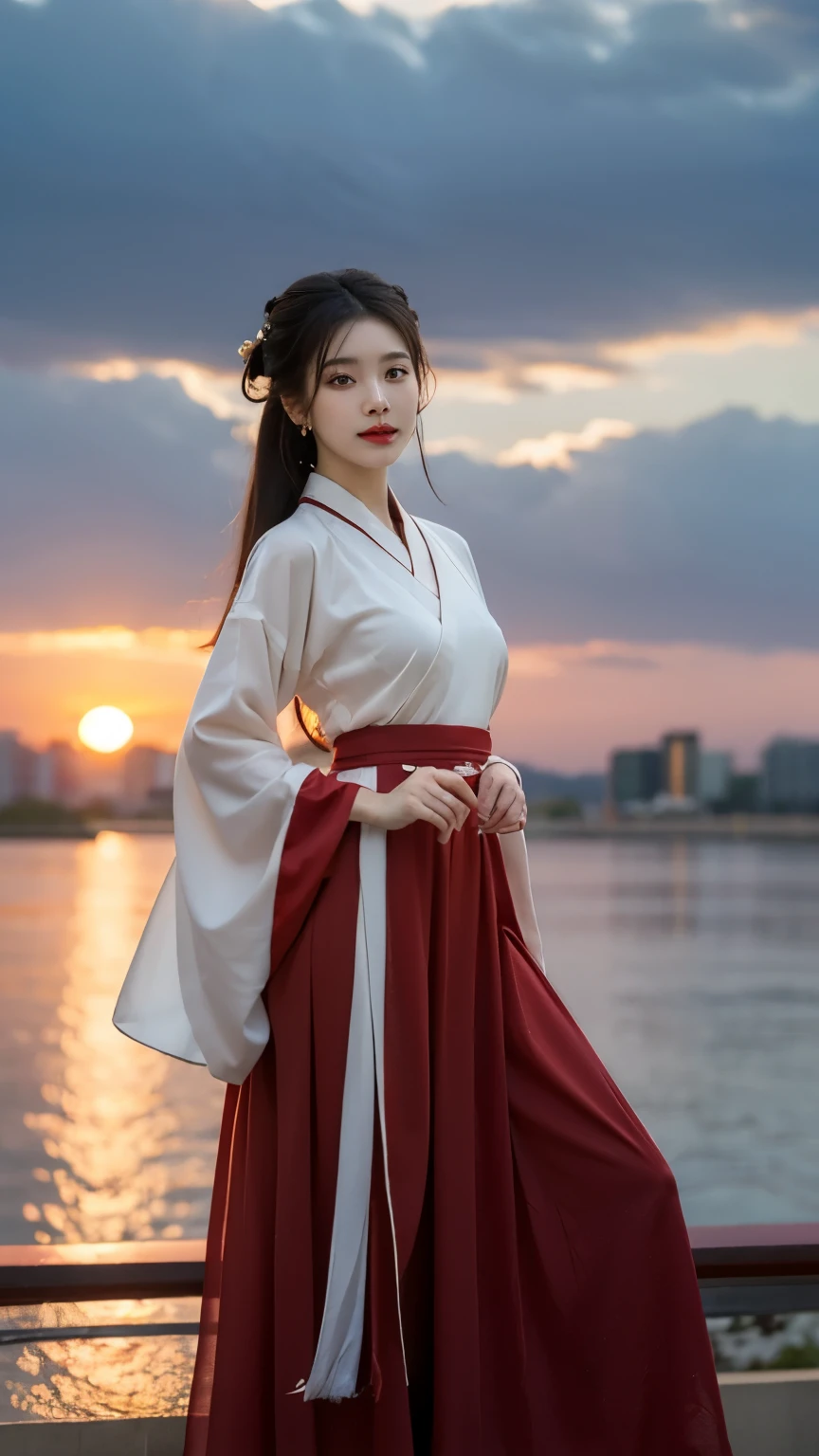 Best quality， Ultra-high resolution， Face Focus（truly：1.6），1 Girl, Beautiful Girl，，Chinese Girl, Elegant girl，Classical girl，Black hair,Hairstyle，（Medium breasts:1.4), Hanfu，魏晋Hanfu:1.1, Red clothes，Loose，panoramic，whole body，Rooftop（Depth of Field：16）,Hair forks，Hairpin，earrings，Rooftop,Red sunset,Ultra-thin face，Exquisite eyes，Double eyelids，Smile，whole body，Standing，Long legs，Classical dance moves，For the audience