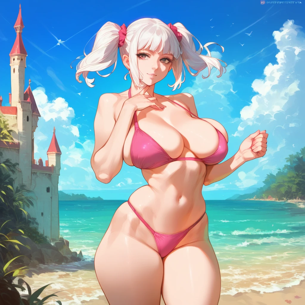 mixed_artstyle, 1 girl, Alone, hands, Pink bikini, ptinta eyes,short white hair, twin tails, realistic, textures, 8K, perfect hand, perfect anatomy, visible curves, Big Breasts, beach, Standing pose,, ,castle