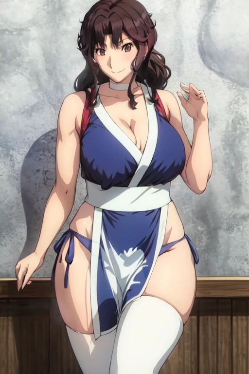 masterpiece, best quality, beautiful art, high resolution, well formed hands, body and fingers, 1 woman, solo,Kaoru  Tanamachi, 31 years old, hair ornament,  adult, grown up, big breasted, cleavage,  full body, braided long hair, blue_japanese_clothes, wearing DOA Kasumi's blue kunoichi dress, sexy and skimpy japanese clothes, kimono peek, sleeveless, panties peek, white stockings, gorgeous legs and thighs, dancing seductively and erotically, turning backwards and forwards, shaking her body alluringly , sweating , bouncing breasts, smiling joyfully, looking at the viewer, flirting, beach environment 