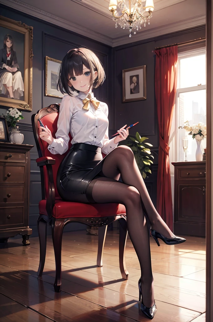 (masterpiece), 4K,woman,I have a pen,Female doctor in long sleeves,Small breasts,Small Ass,Bobcut,Light bulb lighting,Realistic, skinny, Amis Stockings,smile,Sit in a luxurious chair,((Knee-length pencil skirt)),