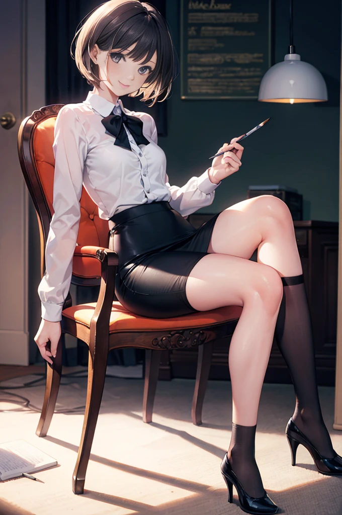 (masterpiece), 4K,woman,I have a pen,Female doctor in long sleeves,Small breasts,Small Ass,Bobcut,Light bulb lighting,Realistic, skinny, Amis Stockings,smile,Sit in a luxurious chair,((Knee-length pencil skirt)),