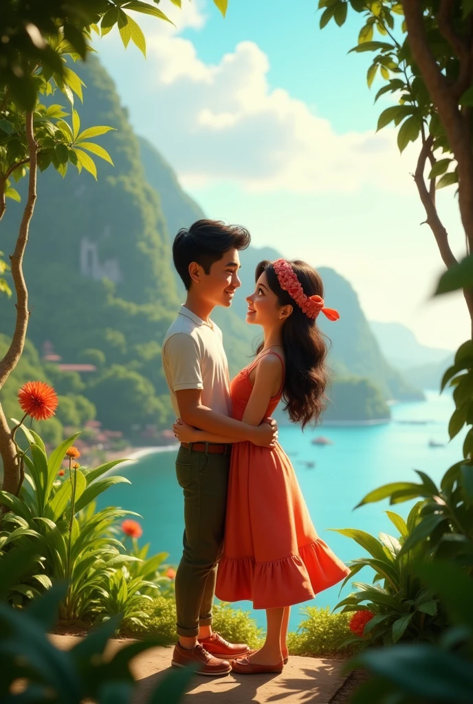 A beauyiful couple at bali, 3d , pixar disney style, cinematic masterpiece, aesthetic 