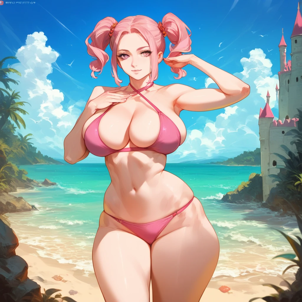 mixed_artstyle, 1 girl, Alone, hands, Pink bikini, ptinta eyes,short white, twin tails, realistic, textures, 8K, perfect hand, perfect anatomy, visible curves, Big Breasts, beach, Standing pose,, ,castle