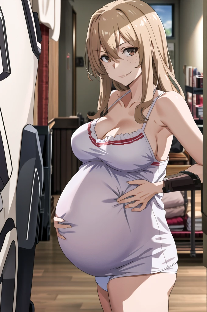 score_9, score_8_up, score_7_up, source_anime, best quality, clear face, 1girl, Clair Aoki, masterpiece, best quality, highres, aoki1, brown eyes, freckles, large breasts, bikini, shorts, cleavage, smile, looking at viewer, sky, standing, pregnant belly, huge belly, belly, Maternity nightgown 