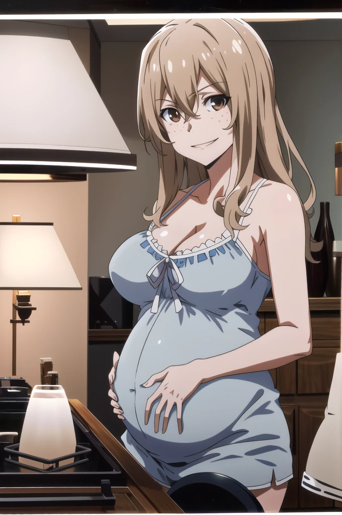 score_9, score_8_up, score_7_up, source_anime, best quality, clear face, 1girl, Clair Aoki, masterpiece, best quality, highres, aoki1, brown eyes, freckles, large breasts, bikini, shorts, cleavage, smile, looking at viewer, sky, standing, pregnant belly, huge belly, belly, Maternity nightgown 